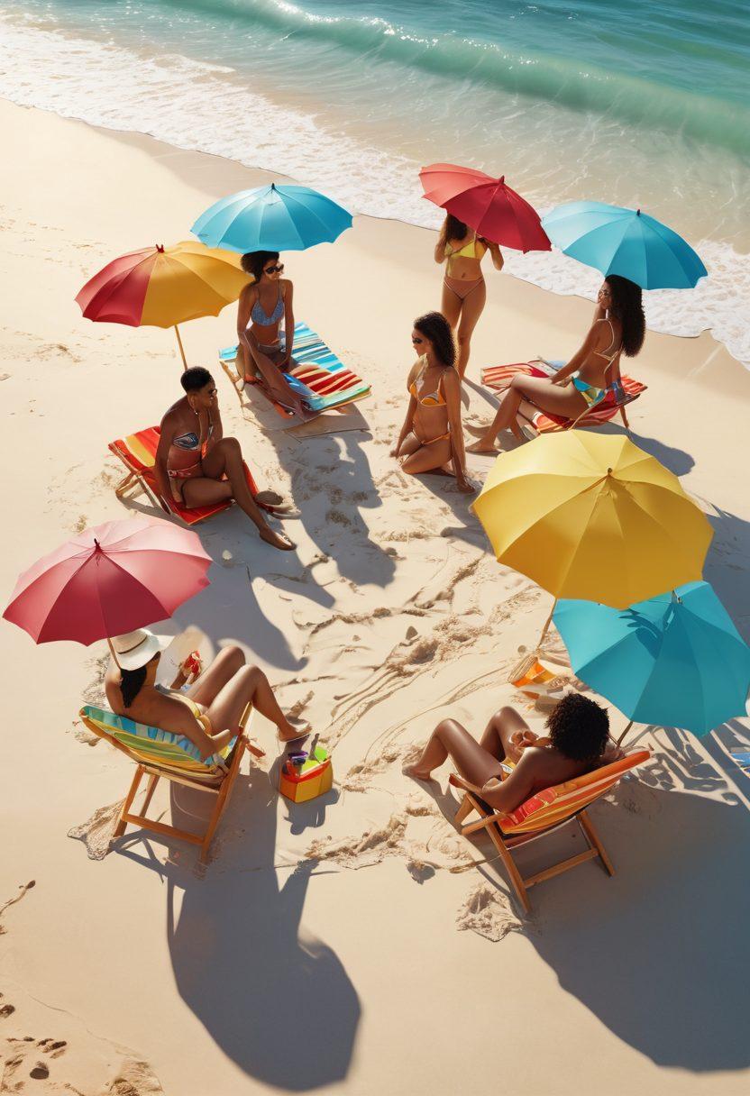A vibrant beach scene showcasing a diverse group of stylish individuals in fashionable swimwear, surrounded by colorful beach umbrellas and surfboards. The sun is shining bright, casting playful shadows on the warm sand, while a crystal-clear ocean waves gently in the background. Incorporate elements like tropical drinks and sun hats to elevate the beach vibe. super-realistic. vibrant colors. 3D.