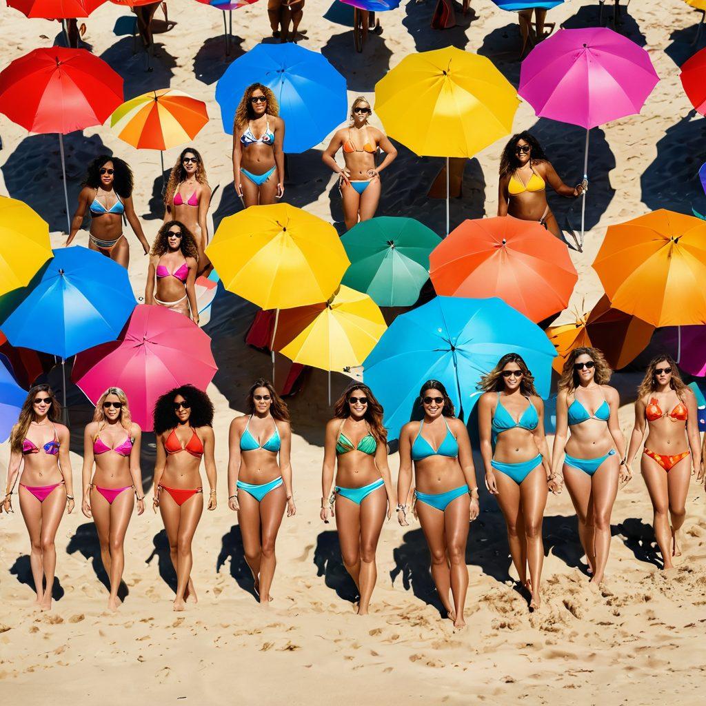 A vibrant beach scene featuring diverse women of various body types confidently modeling trendy bikinis under a bright summer sun. Incorporate colorful beach umbrellas and surfboards in the background, along with refreshing cocktails on sand. The atmosphere should radiate positivity and empowerment, highlighting the joy of summer and body positivity. super-realistic. vibrant colors. sunny day.